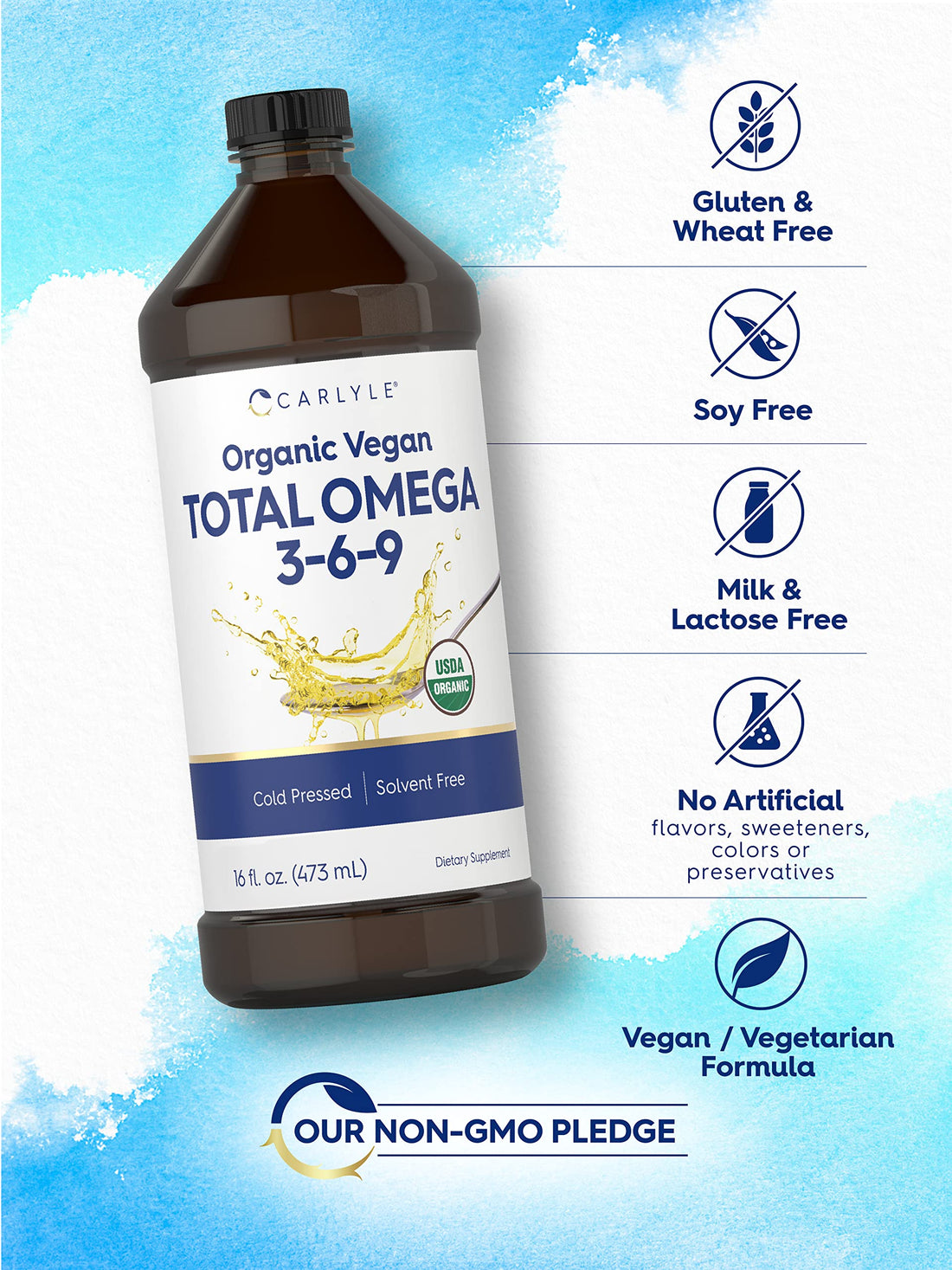 Carlyle Omega 3 6 9 | 16 fl oz | Cold Pressed | Certified Organic, Vegan Supplement | Vegetarian, Non-GMO, Gluten Free, and Solvent Free