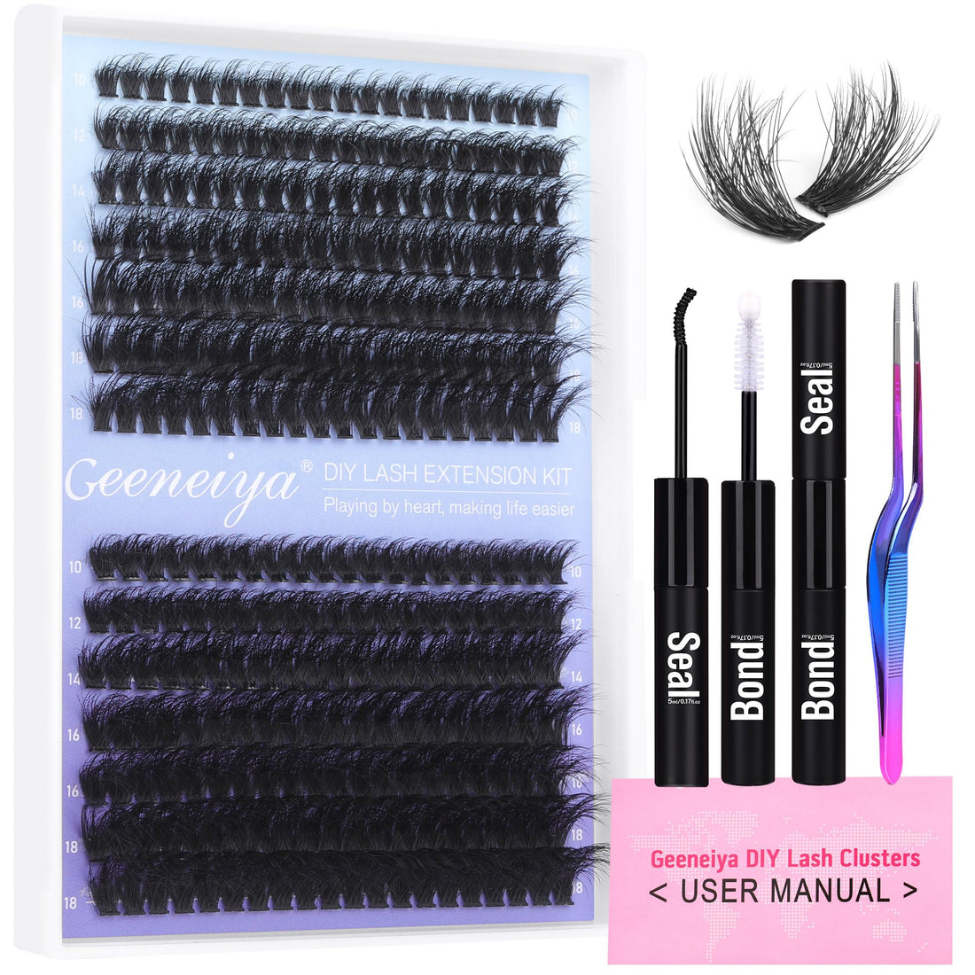Geeneiya Lash Extension Kit Thick Cluster Lashes DIY Eyelash Extension Kit Individual Lashes Kit with Lash Bond and Seal Glue, Lash Applicator, DIY at Home for Beginners(Thick 60D+80D, 280Pcs)