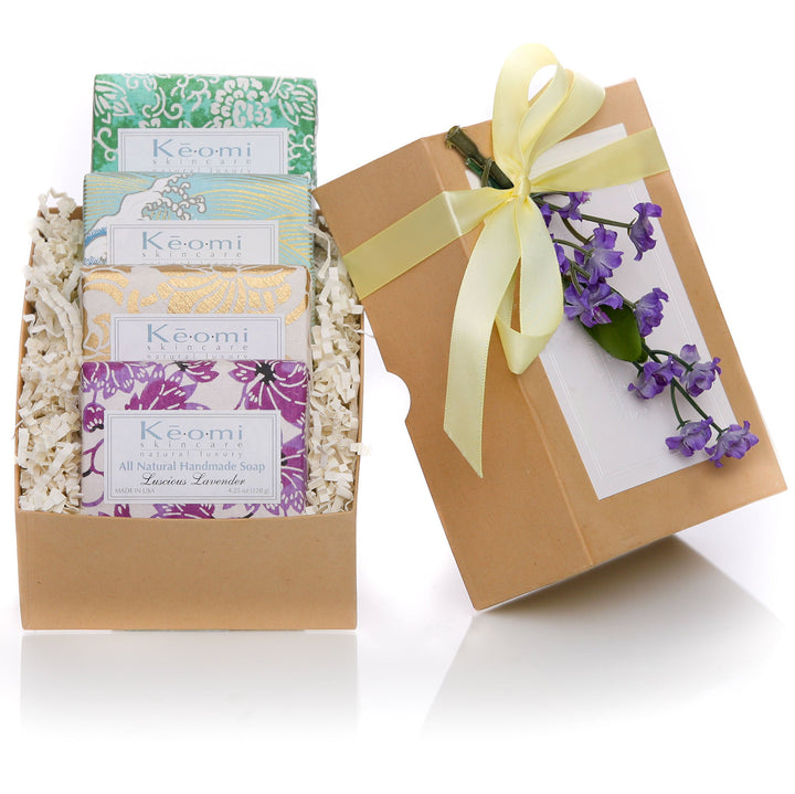 ORGANIC - ALL NATURAL - HANDMADE SOAP GIFT SET - Pure Aromatherapy Grade - 4 Full Size Bars - Wrapped in Handmade Decorative Paper - Comes in Elegant Embossed Gift Box