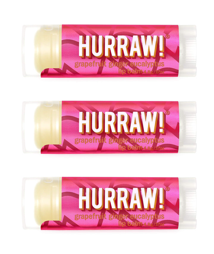 Hurraw! Grapefruit, Ginger, Eucalyptus (Kapha) Lip Balm, 3 Pack: Organic, Certified Vegan, Cruelty and Gluten Free. Non-GMO, 100% Natural Ingredients. Bee, Shea, Soy and Palm Free. Made in USA