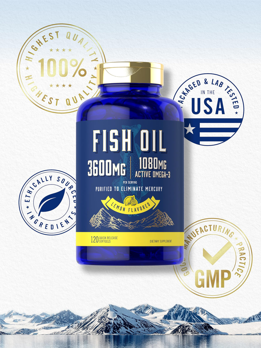 Carlyle Fish Oil 3600mg | 1080mg Omega 3 | 120 Count | Non-GMO and Gluten Free Supplement