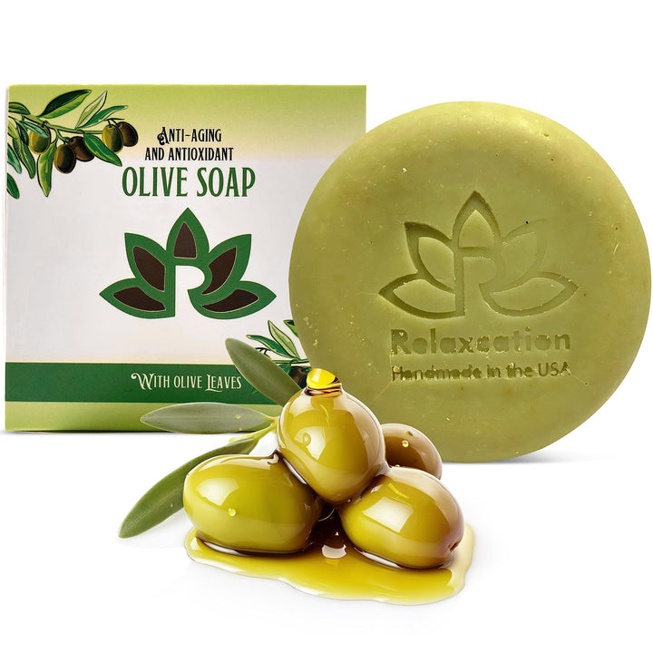Relaxcation Natural Olive Oil Soap Bar with Organic Pure Greek Olive Oil and Olive Leaves - Anti-Aging and Antioxidant Moisturizing Cold Processed Soap - Handmade in USA