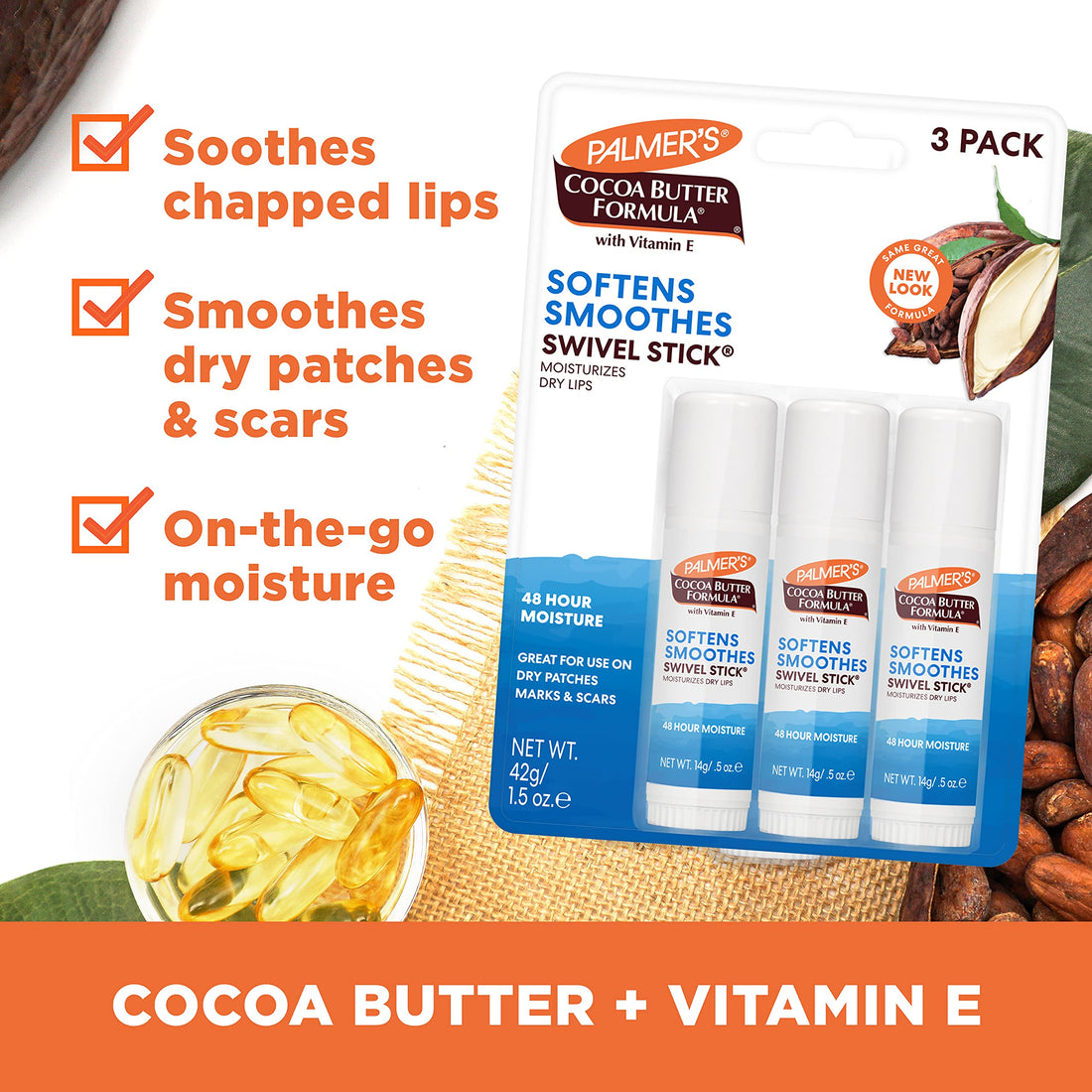Palmer's Cocoa Butter Formula Softens Smoothes Swivel Stick Moisturizes Dry Lips, 14g (PAck of 3)