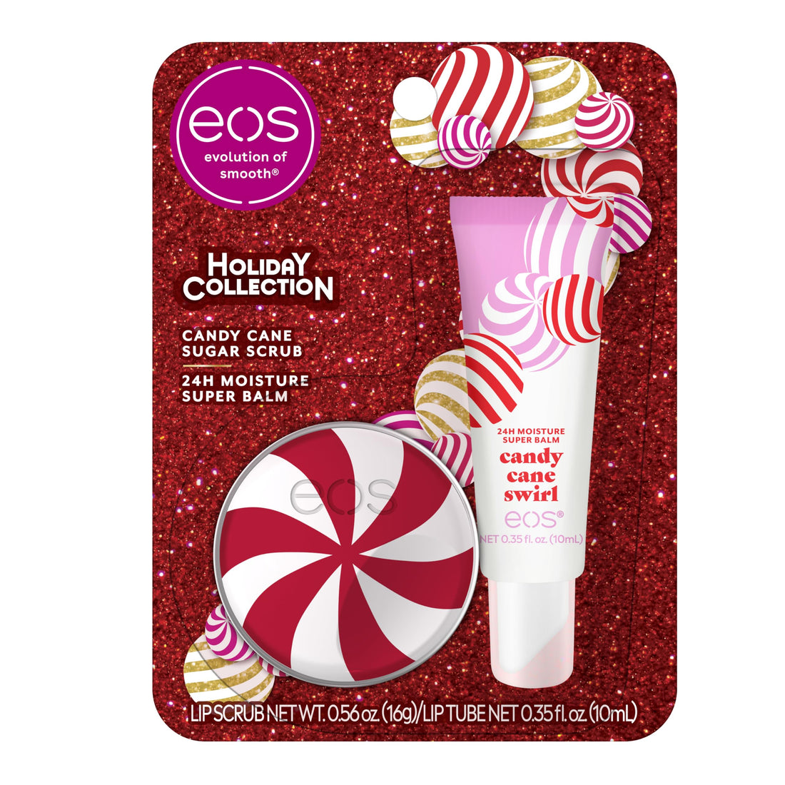eos Holiday Lip Treatment Gift Set- Candy Cane Swirl Lip Scrub & 24H Moisture Super Balm, Limited-Edition Lip Care, Stocking Stuffers, 2-Pack