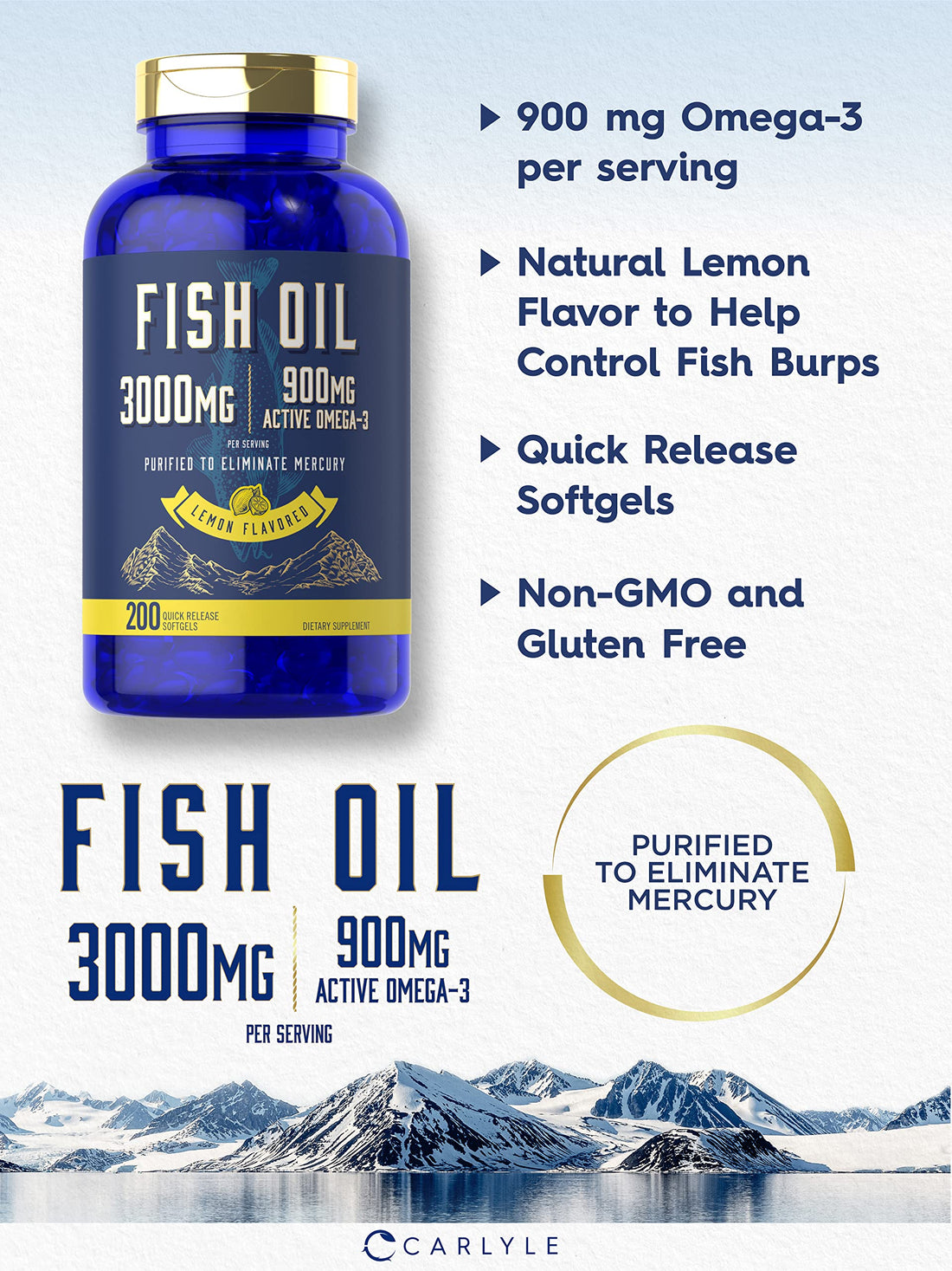 Carlyle Fish Oil 3000mg | 900mg Omega 3 | 200 Softgels | Lemon Flavor | Non-GMO and Gluten Free Supplement