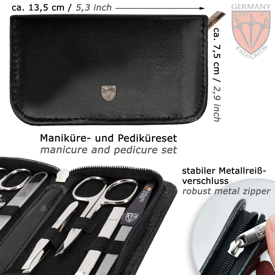 3 Swords - 8 Piece Manicure & Pedicure Kit, made of high quality artificial leather in black, Quality: Made in Solingen/Germany