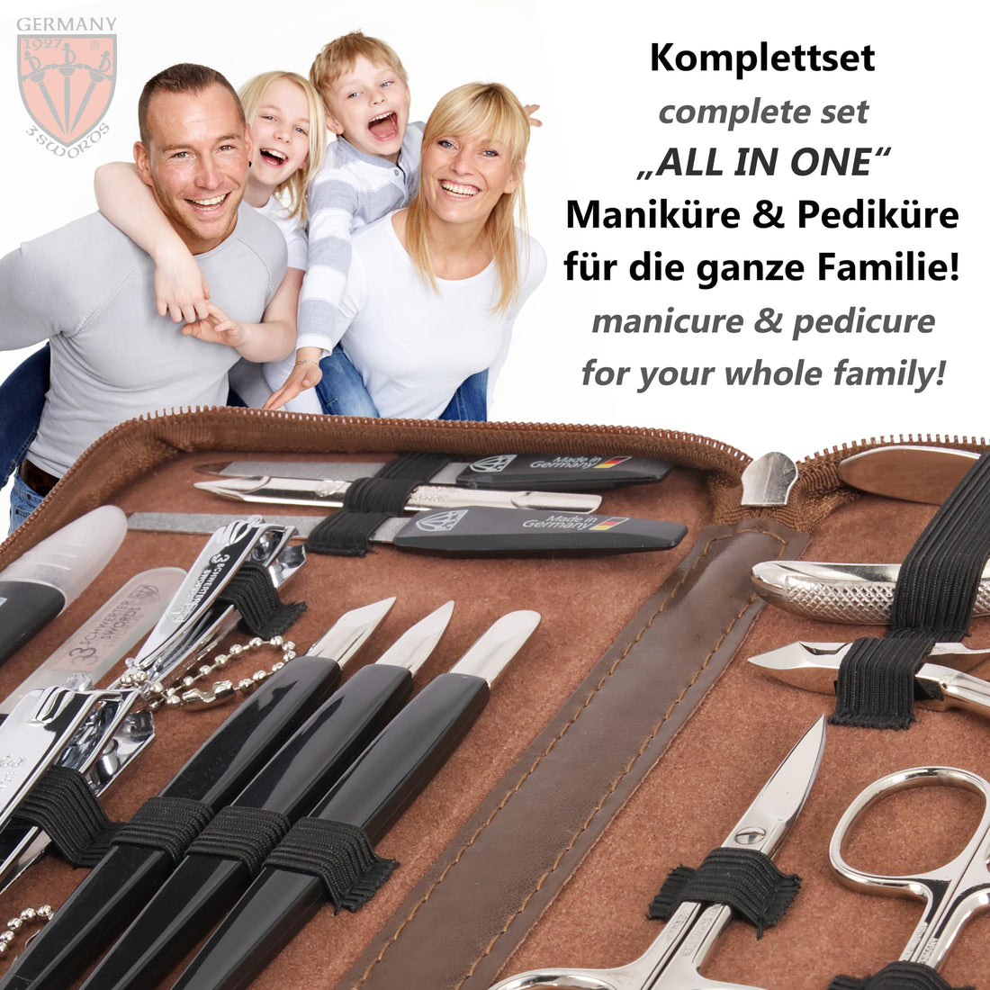 3 Swords Germany - brand quality 16 piece manicure pedicure grooming kit set for professional finger & toe nail care scissors clipper fashion leather case in gift box
