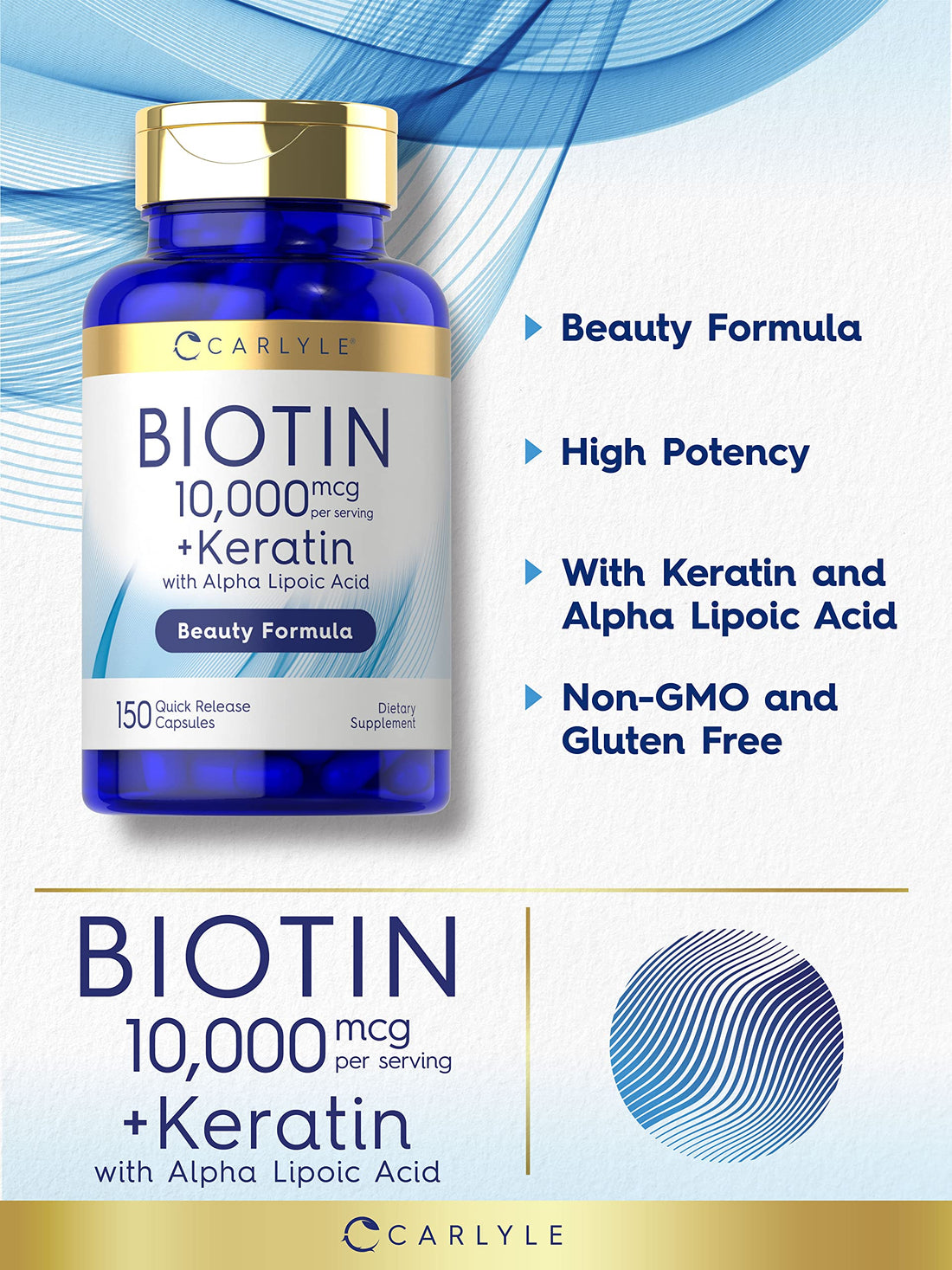 Carlyle Biotin 10000mcg | 150 Capsules | Beauty Formula with Keratin | Non-GMO, Gluten Free Supplement
