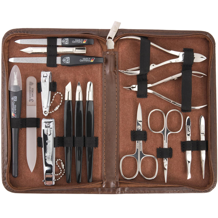 3 Swords Germany - brand quality 16 piece manicure pedicure grooming kit set for professional finger & toe nail care scissors clipper fashion leather case in gift box
