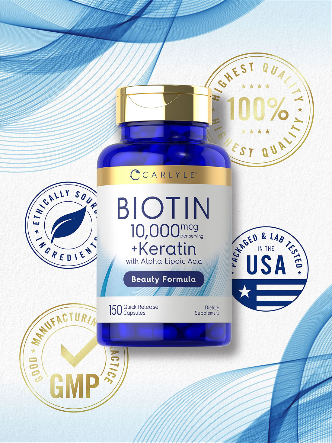 Carlyle Biotin 10000mcg | 150 Capsules | Beauty Formula with Keratin | Non-GMO, Gluten Free Supplement
