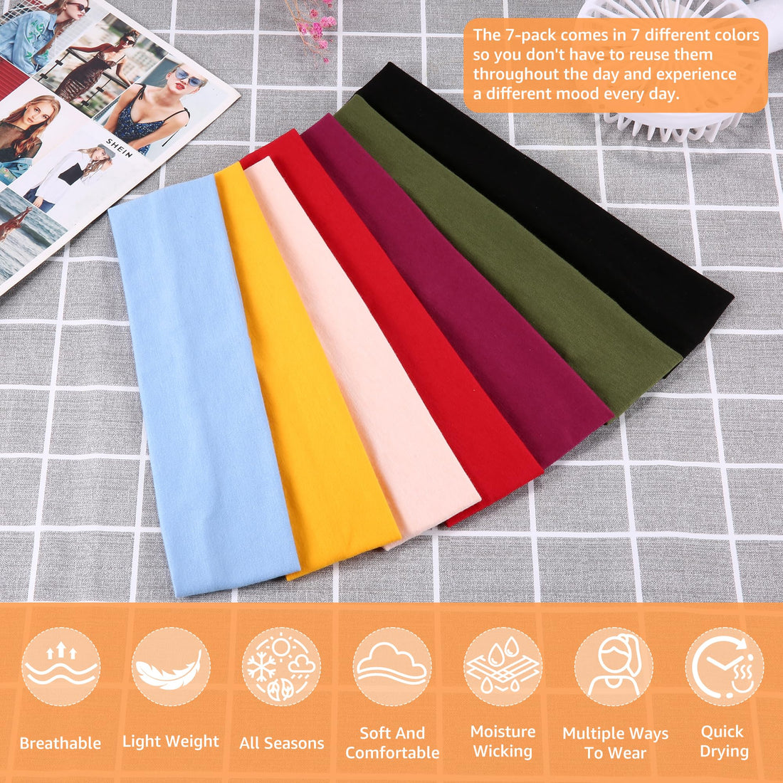 DiyJibb Headbands for Women, Stretchy Non Slip Soft Cotton Cloth Hair Bands for Sports, Workout, Yoga and Running, 7pcs (Black, Military Green, Burgundy, Bright red, Orange, Flesh)