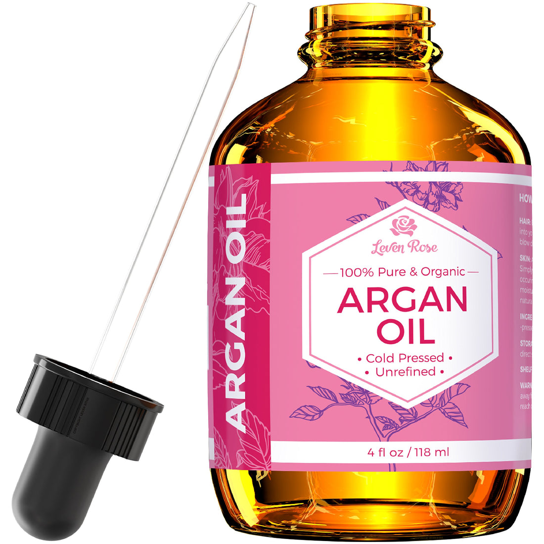 Leven Rose Argan Oil for Face, Hair and Skin - 4 oz 100% Pure Moroccan Cold-Pressed Organic