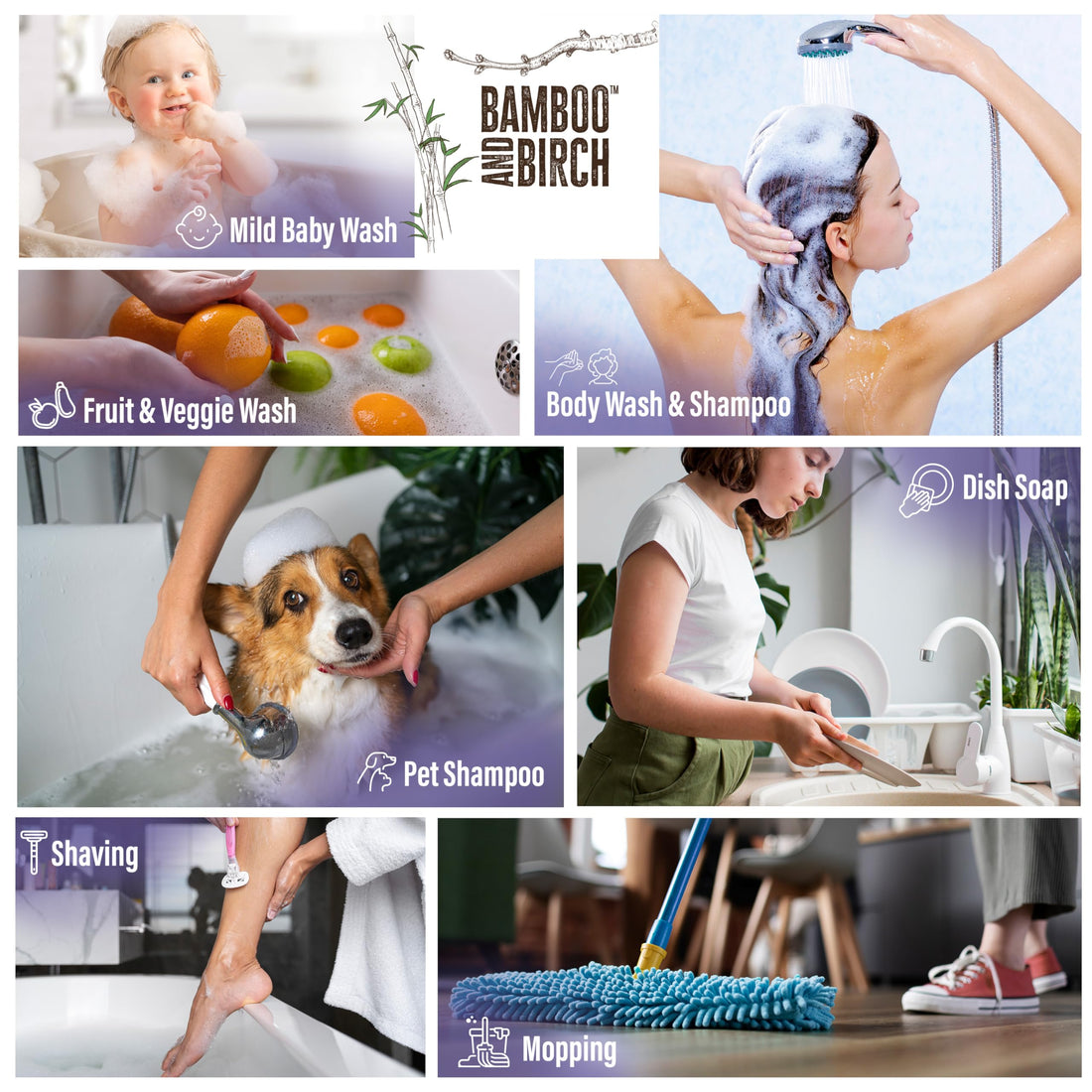 BAMBOO AND BIRCH Pure Castile Soap Liquid Organic, Certified Palm Oil Free Natural Soap, Lavender, 32 oz