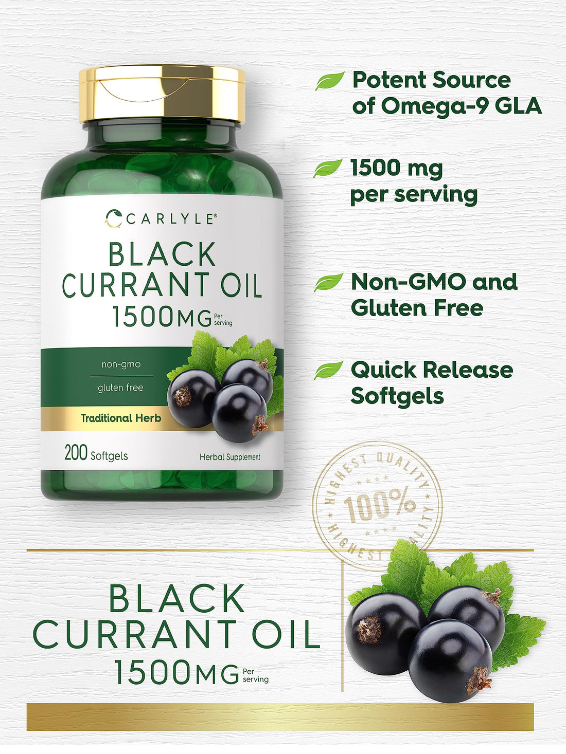 Carlyle Black Currant Oil Softgels | 1500mg | 200 Count | Non-GMO and Gluten Free Formula | Black Currant Seed Oil