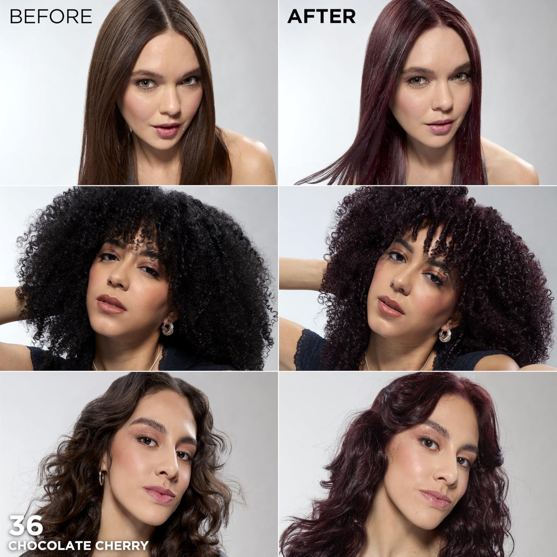 L'Oreal Paris Feria Multi-Faceted Shimmering Permanent Hair Color, 36 (Chocolate Cherry) Deep Burgundy Brown, Pack of 1 Hair Dye Kit