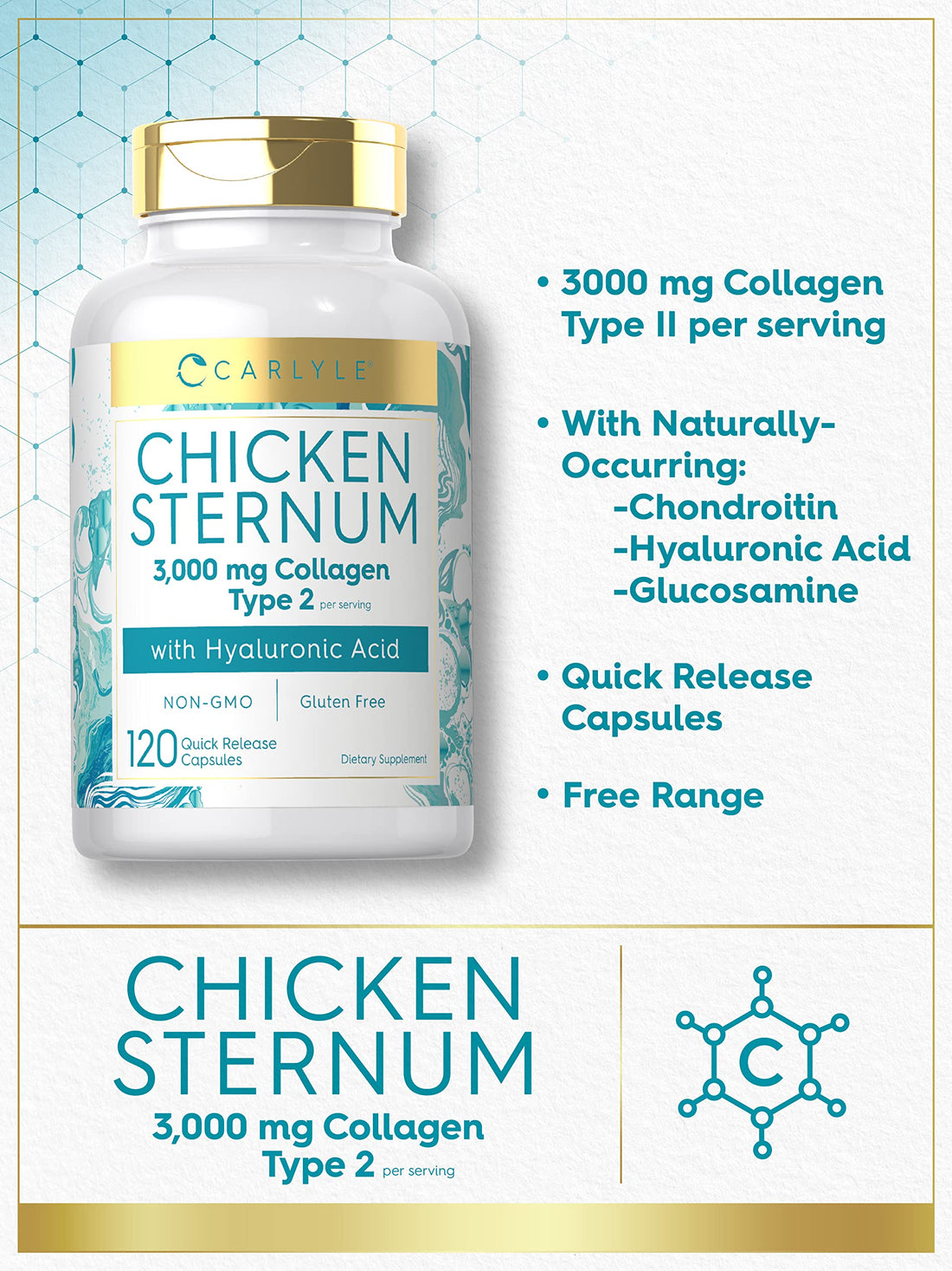 Carlyle Chicken Sternum Cartilage Collagen Capsules | Type II 3000mg | 120 Pills | with Hyaluronic Acid | Non-GMO, Gluten Free
