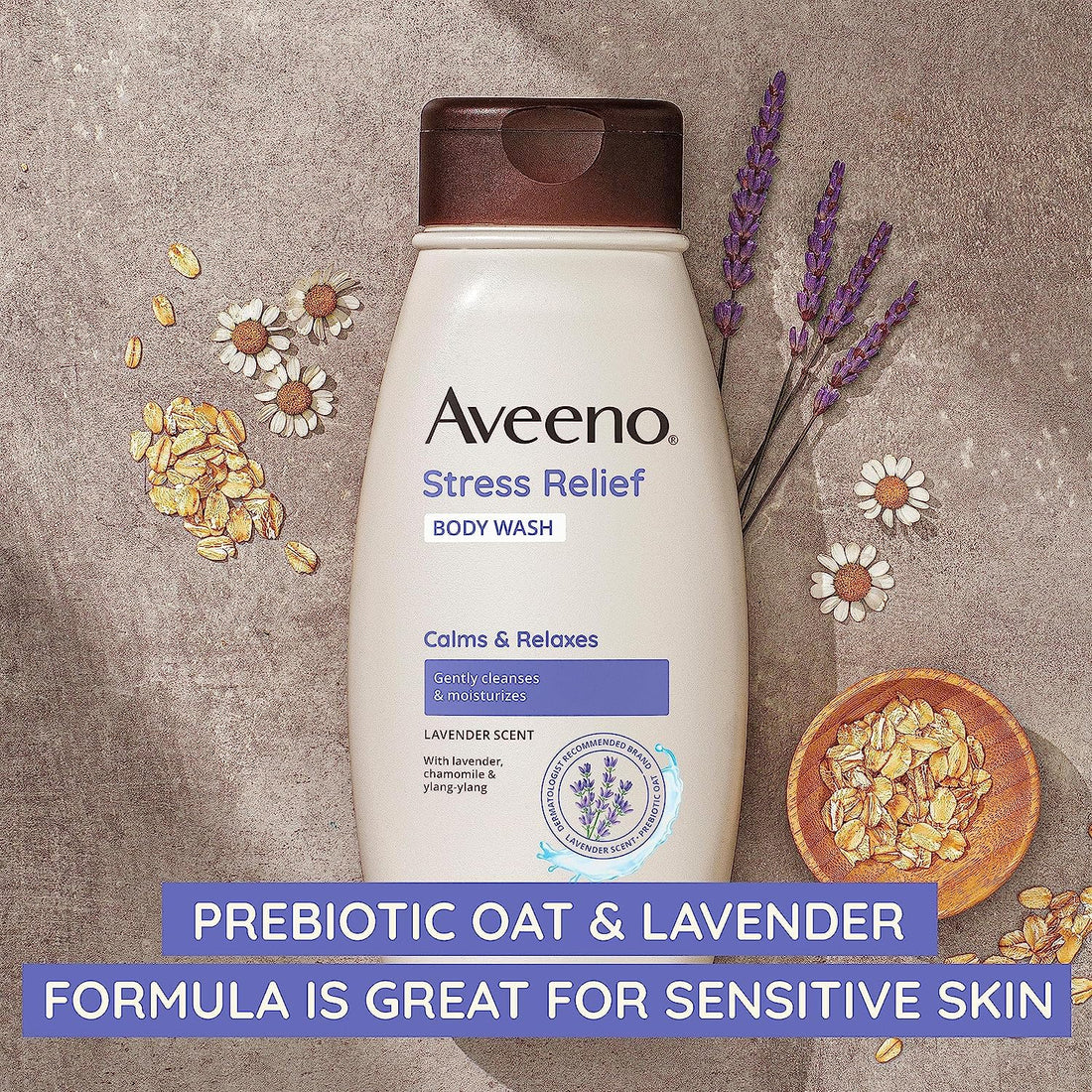 Aveeno Stress Relief Body Wash with Nourishing Oat & Lavender Scent for Sensitive Skin, Gently Cleanses & Helps You Feel Calm & Relaxed in the Shower, Soap-Free, 12 fl. oz
