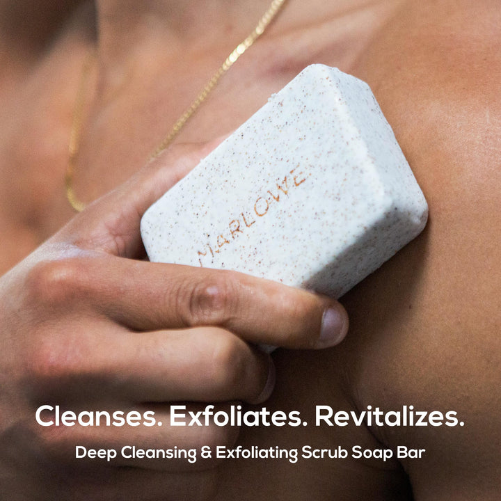 MARLOWE. No. 102 Body Scrub Soap 7 oz (12 Bars), Santal, Exfoliating Soap Bar with Shea Butter, Olive Oil & Green Tea Extracts, Cleanses, Smooths & Revitalizes Skin, Warm Amber, Spice & Citron Scent