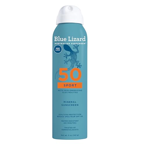 BLUE LIZARD Sport Mineral Sunscreen Spray SPF 50+, Dermatologist-Recommended Brand, Broad-Spectrum UVA/UVB Protection, Water-Resistant, Zinc Oxide Formula, Vegan, 5 fl oz