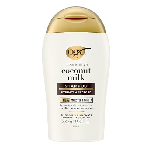OGX Nourishing + Coconut Milk Moisturizing Shampoo, Hydrating & Restoring Shampoo Moisturizes for Soft Hair After the First Use, Paraben-Free, Travel Size, TSA-Compliant, 3 fl. oz
