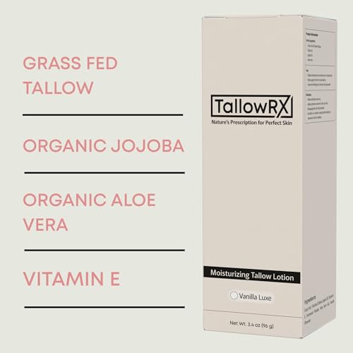 TALLOWRX Vanilla Tallow Lotion – Luxurious Hydration for Face & Body – Grass-Fed Tallow with Aloe, Vitamin E & Arrowroot Powder – (3.4 oz, Vanilla Scented)