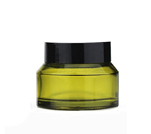 mollensiuer 4Pcs 50Ml/1.67Oz Olive Green Refillable Glass Cosmetic Jars Pot Bottles Case Empty Makeup Face Cream Lip Balm Storage Container with Black Lid and Liners