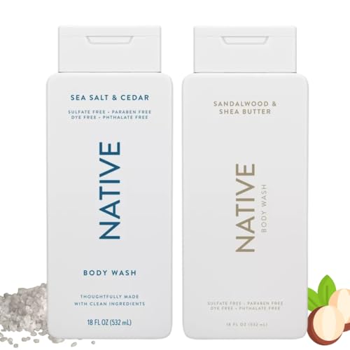 Native Body Wash, 2 Pack - Sandelwood and Shea Butter & Sea Salt and Cedar 18oz Clean Body Cleanser, Sulfate-Free, Paraben-Free Formula for All Skin Types