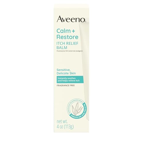 Aveeno Calm + Restore Itch Relief Body Balm for Sensitive, Delicate Skin, Pramoxine HCl Anti Itch Balm with Prebiotic Oat, Aloe & Pro-Vitamin B5 to Sooth Skin, Fragrance Free, 4 oz