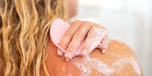 Boie USA Flat Body Scrubber - Soft Silicone-Like Exfoliating Shower Scrubber & Body Cleansing Brush - Stick-to-Wall Loofah Replacement - Antimicrobial Body Exfoliator for All Skin Types - Pink