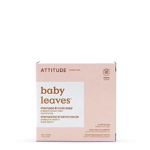 ATTITUDE Baby Plastic-Free Shampoo and Body Soap Bar, EWG Verified, Dermatologically Tested, Vegan, Unscented, 3 Ounces