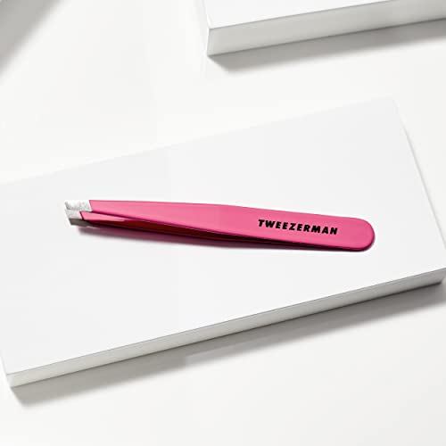 Tweezerman Stainless Steel Slant Tweezer - Eyebrow Tweezers for Women and Men (Neon Pink)