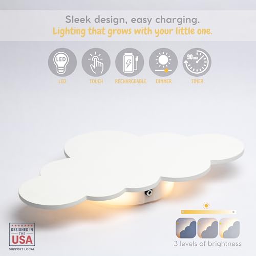 KALEOLI Cloud Light for Wall with Baby Wall Decals - Nursery Lighting for Baby Room Decor – Rechargeable & 3-Level Dimmer Cloud Lamp - Touch Night Light for Nursery
