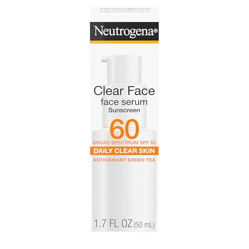 Neutrogena Clear Face Serum Sunscreen with Green Tea, Broad Spectrum SPF 60, Non-Comedogenic Face Sunscreen for Lightweight UVA/UVB Protection, Oxybenzone- & Fragrance-Free, 1.7 fl. oz
