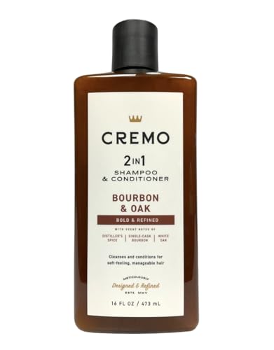 Cremo Bourbon & Oak 2-in-1 Shampoo & Conditioner, Barber Grade Quality That Moisturizes and Cleanses All Hair Types, 16 Fluid Ounce