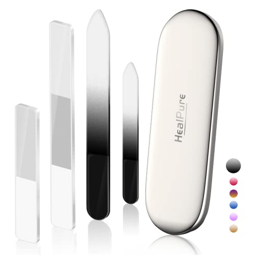 Glass Nail File and Nail Shiner, 4PC Crystal Nail File and Nano Glass Nail Buffer, Premium Set with Case, Professional Manicure Tool Fingernail Czech File for Natural Nail, Gift for Women and Girls
