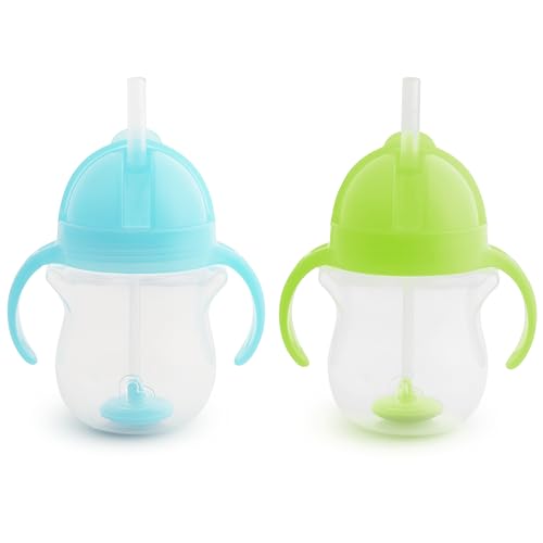 Munchkin Any Angle Sippy Cups for Toddlers, Spill Proof Weighted Straw Cup with Transition Handles for Babies 6 Months and Up, 2 Pack, Blue/Green