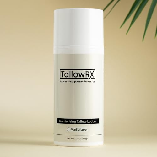 TALLOWRX Vanilla Tallow Lotion – Luxurious Hydration for Face & Body – Grass-Fed Tallow with Aloe, Vitamin E & Arrowroot Powder – (3.4 oz, Vanilla Scented)