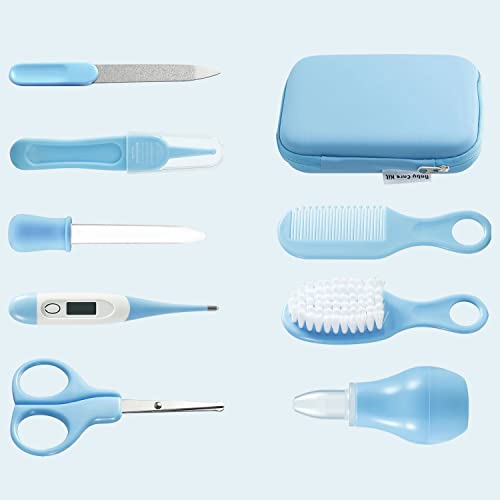 PandaEar Baby Healthcare & Grooming Kit - Baby Safety Set Comb, Brush, Finger Toothbrush, Nail Clippers, Scissors, Nasal Aspirator - Nursery Care Kit (Blue)