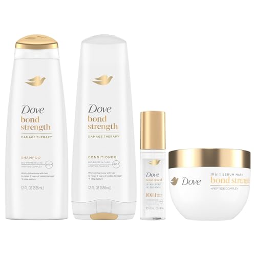 Dove Bond Strength, Damage Therapy System – Shampoo, Conditioner, 10-in-1 Shield Serum & Peptide Mask, Hair Repair Treatment, Anti-Frizz (4 Piece Set)