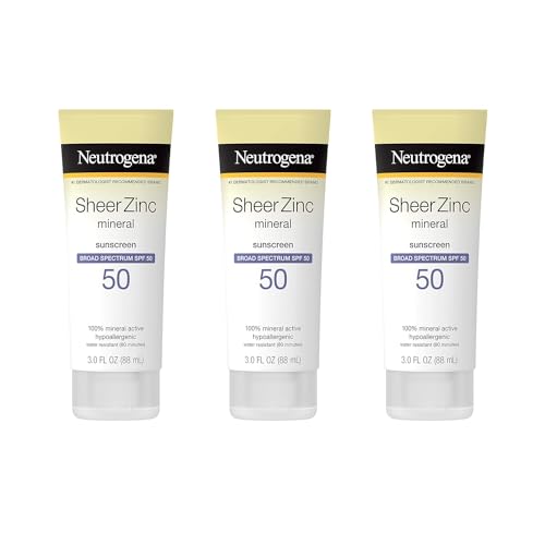 Neutrogena Mineral Sunscreen Sheer Zinc Oxide Dry-Touch Lotion, Broad Spectrum Sunblock SPF 50, Water Resistant Sunscreen For Sensitive Skin, 3 fl. oz, 3 Pack