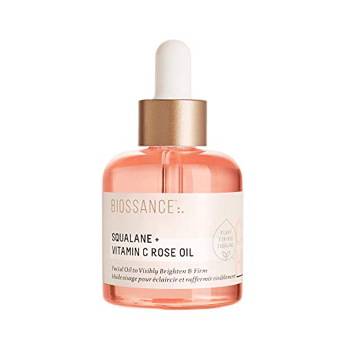 BIOSSANCE Squalane + Vitamin C Rose Oil, Advanced Facial Oil - Brightening, Firming, and Hydrating Serum for All Skin Types - Chios Crystal Oil, Damascus Rose Extract & Squalane for Radiance - 1oz