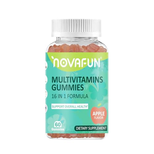 Novafun Multivitamin Gummies,16-in-1 Supplement with Essential Vitamins & Minerals for Overall Health, Vegetarian & Gluten-Free, Apple Flavor, 60 Count