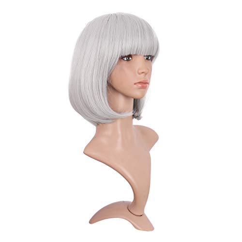 MapofBeauty 12 Inch/30cm Fashion Lady Short Straight Flat Bangs Bob Wig (Silver)