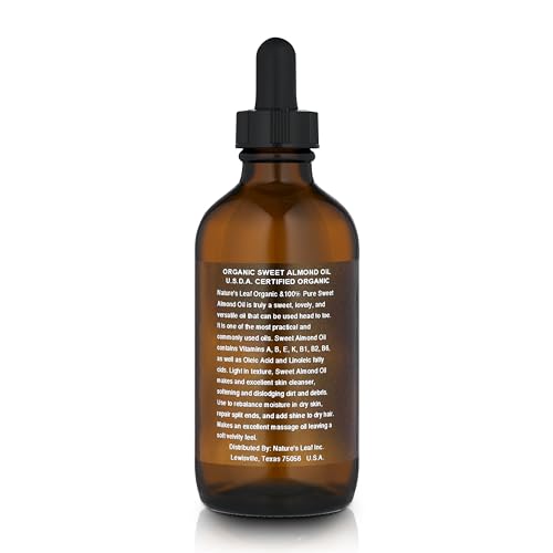Natures Leaf Sweet Almond Oil, USDA Certified Organic, 100% Pure, Cold Pressed, Nourish & Soften, Promotes Healthy Looking Skin and Hair, Unscented, 4 ounce