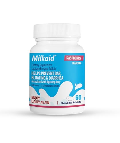 Milkaid Lactase Enzyme Chewable Tablets for Lactose Intolerance Relief | Prevents Gas, Bloating & Diarrhea | Fast Acting Dairy Digestive Supplement (60 Tablets, Raspberry)