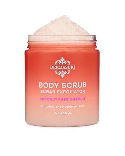 Dermasuri Exfoliating Sugar Scrub - Body Scrubber for Men & Women - Exfoliates & Removes Dead & Dry Skin for a Soft & Radiant Glow - Deep Hydration & Moisture - Coconut Passion Fruit