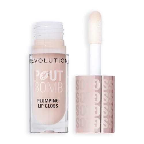 Revolution Beauty, Pout Bomb Plumping Lip Gloss, High-Shine for Glossy, Fuller & Plump Lips with Hyaluronic Acid & Peptides, Vegan & Cruelty-Free, Sheer Milky Nude, 0.15 Fl Oz