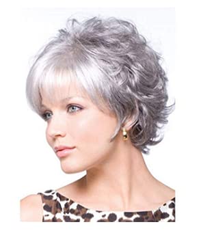 OYSRONG Elegant Women Short Silver Wavy/curly Layered Heat Resistant Daily Hair Wig