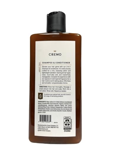 Cremo Bourbon & Oak 2-in-1 Shampoo & Conditioner, Barber Grade Quality That Moisturizes and Cleanses All Hair Types, 16 Fluid Ounce