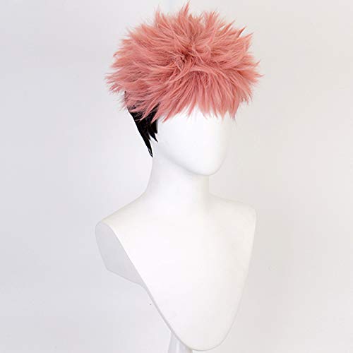 Shancon Anime Yuji Itadori Cosplay Wig and Tattoo Sticker Pink Mixed Black Short Curly Party Hair Halloween Props Accessory for adult
